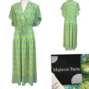Maison Tara | Dresses | Maison Tara Maxi Dress Plus 2w Green Multicolor  Flutter Sleeve Drawstring Waist | Poshmark